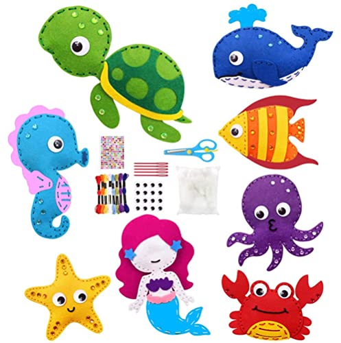 BSTCAR 8 X Kinder Meereslebewesen aus Filz, Meerjungfrauen, Schildkröten, Wale, Tintenfische, Krabben, Seesterne, Seepferdchen, Tropische Fische, DIY-kunsthandwerk, Filz-Nähset mit Nähwerkzeugen