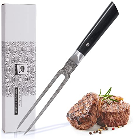 zayiko Black Edition Fleischgabel – 18 cm Tranchiergabel mit Zinken aus Damaststahl - Grillgabel mit Pakkaholzgriff - Bratengabel in Geschenkbox - Tranchiergabel - Aufschnittgabel - BBQ Gabeln