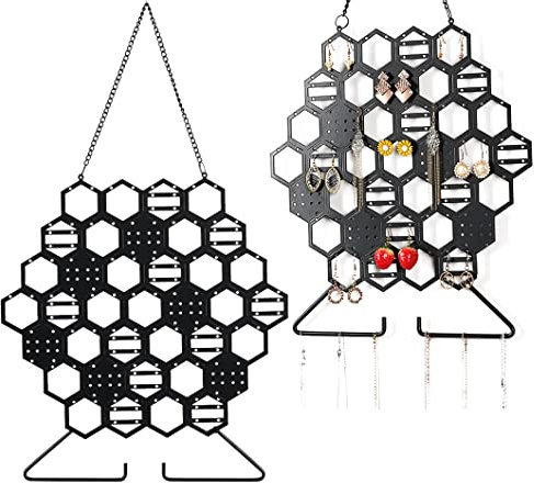 Rolin Roly Porte-Bijoux Présentoir de Boucle d'oreille Mural avec Crochets Grille Collier Rayon de Miel Hexagone Présentoir pour Filles Femmes Wall Mount Earring Display Holder