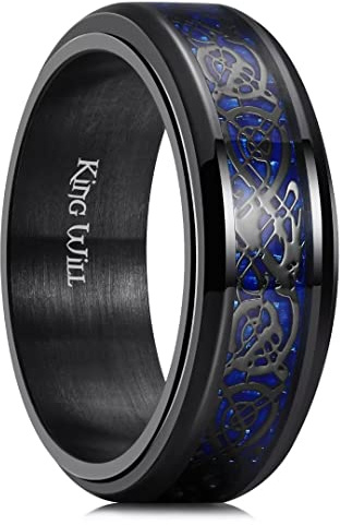 King Will Schwarzer Fidget Ring Keltischer Drachen Spinner Ring Edelstahlring mit blauem/rotem/lilaem Kohlefaser-Inlay, 8mm Angstring für Männer und Frauen
