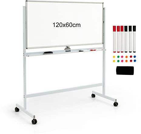 GYMAX Lavagna Magnetica Bifacciale con Ruote, Lavagna in Stile Cavalletto Regolabile in Altezza, Lavagna Magnetica a Rotolamento Reversibile per Ufficio, Aula, Casa, 120 x 60 cm (Bianco)