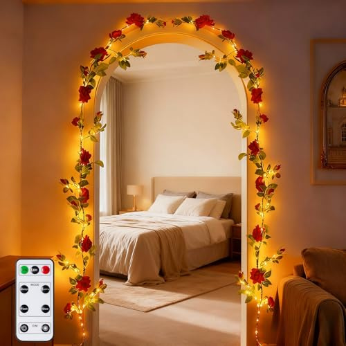 GOESWELL Artificial Rose Vine Luminous DIY Willow Home Decoration,Brown Willow Vine Wall Decor Lights Floral Ivy Indoor and Outdoor Decoration for Weddings and Parties Red Rose