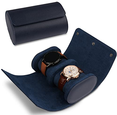 RoYiio Boîte à montres cylindrique à 2 emplacements - Étui de voyage vintage pour hommes et femmes - Version améliorée bleue