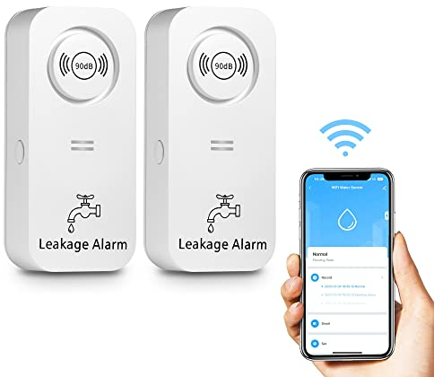 WiFi Wassermelder Wasseralarm(2,4 G WiFi), 90 dB Wassersensor Alarm und App Alarm, kabelloser Wasseralarm, für Rohre, Schlafzimmer, Küche, Badezimmer, Keller (2er-Pack)