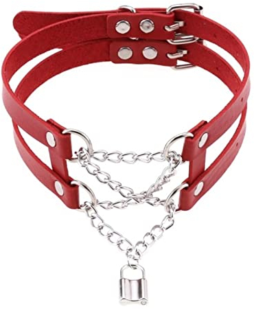WEITING Halsketten für Frauen Mädchen Schlosskette Leder Chocker Schnalle Halsband Festival Gothic Accessoires - rot