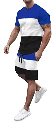 Jogginganzug Herren Winter Fleece Männer Sommer Frühling und Sommer Gestreifte Quadrate Trainingsanzug 2-teilige Outfits Kurzarm T-Shirts und Shorts Jogging-Sets Freizeitanzug Winter Herren (Blue, XL)