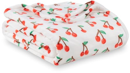Berkshire Blanket-Classic Heavyweight Soft Printed VelvetLoft® Plush Blanket, Full/Queen Size Soft Fuzzy Warm Blanket for Couch Sofa Bed, Cherries Toss White, 90in x 90in