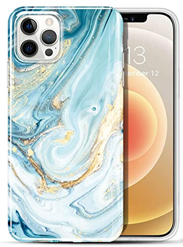 luolnh Gold Glitter Sparkle Case Compatible with iPhone 12/12 Pro 6.1 Inch Marble Design Shockproof Soft Silicone TPU Bumper Cover Skin Phone Case (Aqua&Gold)