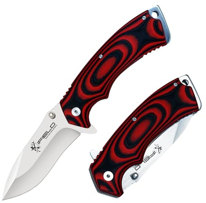 iFIELD Couteau Pliant Bushcraft Outdoor Lame inox 7cr17mon poignée en micarta rouge,Coffret en bois, Multifonctionnel, Randonnée Camping Chasse