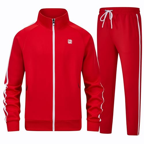 WSKFLY Men's Tracksuits Set Long Sleeve Causal Full Zip Running Sports Sweatsuits Track Suits for Men 2 Piece Outfits Jogging Suits Red WS-Red-L