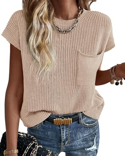 KIRUNDO Spring Summer Short Sleeve Sweater for Women 2026 Casual Sweater Vest Cotton Knit Pullover Tank Tops Fashion Clothing(Beige, Small)