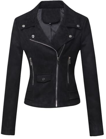 ANUFER Donna Ecopelle Scamosciata Giacca da Motociclista Bello Cerniera Incrociata Cappotto Corto