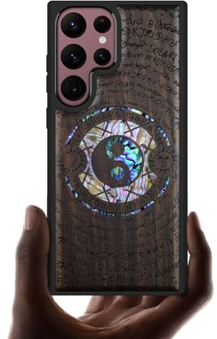 Carveit Designer Wooden Case for Samsung Galaxy S22 Ultra Case Cover [Wood Engraving & Shell Inlay] Compatible with Wireless Chargers S22 Ultra Case (Yin Yang and Star-Blackwood)