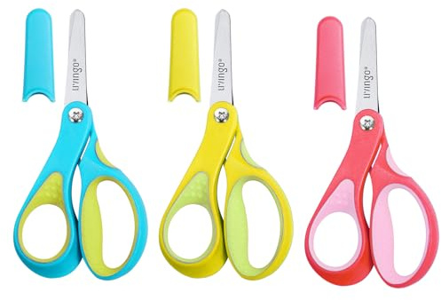 LIVINGO Lot de 3 paires de ciseaux de sécurité pour gaucher - 12,7 cm - Pointe émoussée - Pour enfants et tout-petits - Pour la salle de classe - Jaune, rose, bleu