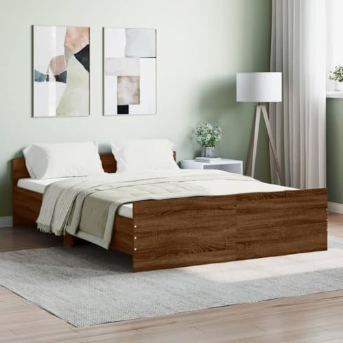Tidyard Bettgestell mit Kopf- und Fußteil Bettrahmen Holzbett Doppelbett/Einzelbett Futonbett Bett mit Lattenrost Seniorenbett Palettenbett Futonbett Braun Eiche-Optik 135x190 cm