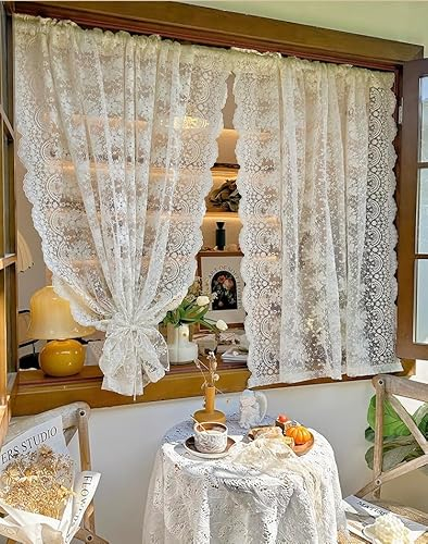 Daliena Scheibengardine Spitze Landhaus Romantische Blumen Gardinen Vintage Küche Vorhang mit Stickerei, Klein Fenstervorhang für Café Esszimmer Cremefarbe (BxH 130x80cm) 1 stück