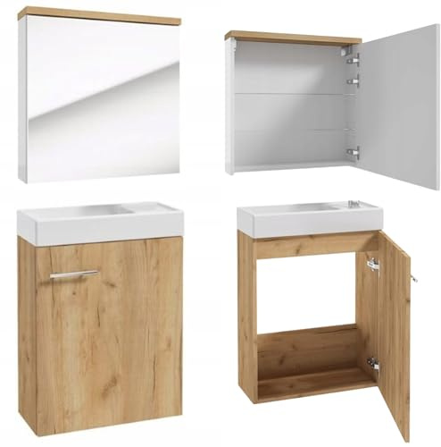 .Deftrans badrumsskåp + spegel badrumsskåp gästset 50 x 70 x 23 cm i ek, tvättställsskåp och spegelskåp för badrum, spegelskåp och handfat inkl