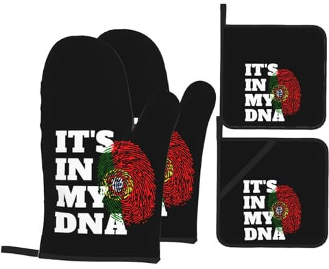 4 Pezzi Forno E Presine Guanti Portuguese It's in My Dna Portugal Flag Guanti da Cucina Divertenti Guanti Barbecue Professional Guanti per Grigliare per Grill, Campeggio, BBQ