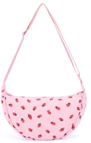HiTotes Borsa a tracolla in velluto a coste per donne con fragole a mezza luna borsa a tracolla a mezzaluna borsa a tracolla per ravioli borsa hobo borsa a tracolla, Rosa, grande, 44 cm, 44cm