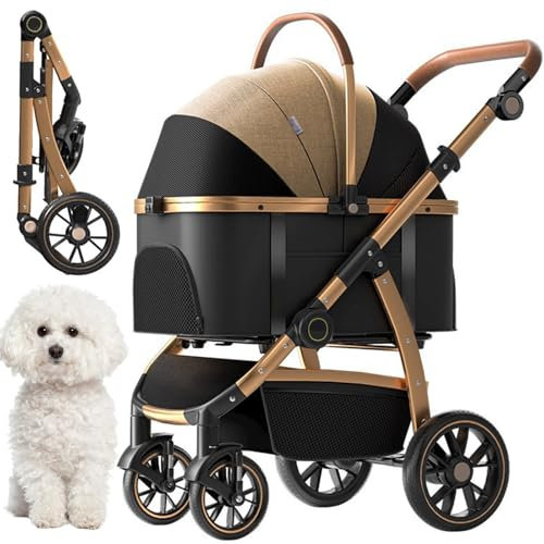 RUYICZB Hundebuggy 3 in 1 Bis 20KG, Klappbarer Hundewagen, 360° Drehbare Gummireifen, Eloxierter Aluminiumrahmen, Abnehmbarem Korb, Geeignet Für Kleine Und Mittelgroße Hunde Katzen