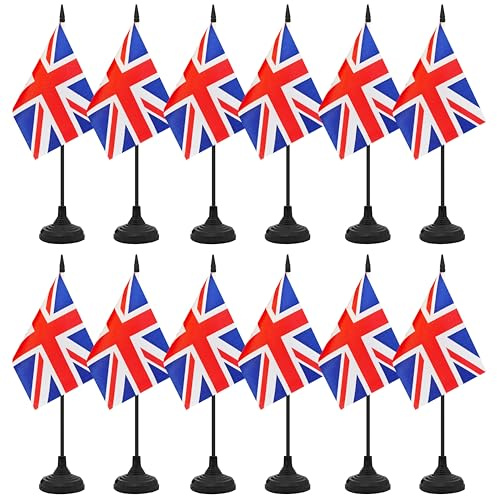 12 Pack UK Desk Flag Set, Britain Table Office Flag, Small Miniature Desktop Flag With Black Pole and Black Base, Classroom, Offices Meeting Desk Decoration (UK)