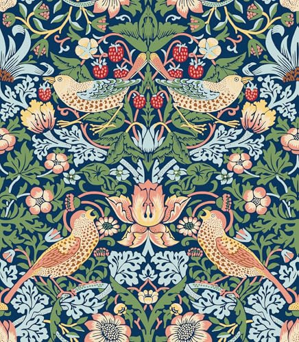 Livelynine Carta da parati vintage 44,5 x 701 cm, rimovibile William Morris, ladro di fragole con uccelli, in vinile, pre-incollata, per pareti, carta da parati floreale vintage per cassetti, carta da