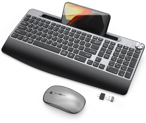 JOYACCESS Teclado y mouse inalámbricos, teclado inalámbrico ergonómico con reposamuñecas y soporte para teléfono, mouse silencioso para computadora Mac, PC, portátil, negro y gris