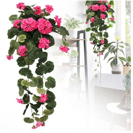 Künstliche Blumen im Freien, Faux Hängende Geranie Blumen, UV-beständige No-Fade Kunststoffpflanzen - Sommer Garten Wand & Zaun Dekoration für Hochzeit, Haus, Veranda & Fensterkörbe (Hot Pink)