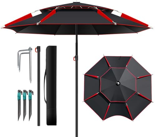 Parapluie de plage coupe-vent – Grand parasol avec barre stable | Toit de soleil à double face, sentier de pêche pliable pour balcon, jardin