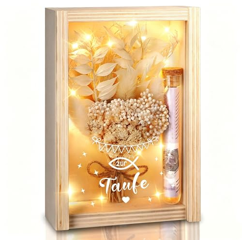 Taufe Geschenk, Geldgeschenk Taufe für Mädchen und Jungen, inklusive Getrocknete Blumen, Holzbox, Kunststoff Reagenzglas, Lichterketten, Geldgeschenke Verpackung (Beige)