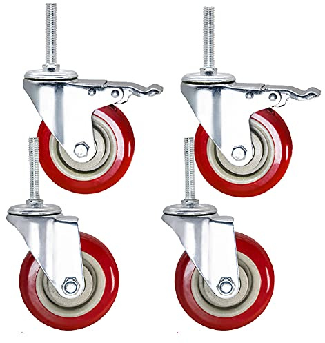 Ruote girevoli M12 x 60 mm con filettatura lunga, 3, 4, 5 ruote per ponteggi resistenti, 500 kg, silenziose, con freno, girevoli, per mobili, carrelli da trasporto industriali, banco da lavoro, 4 pezz