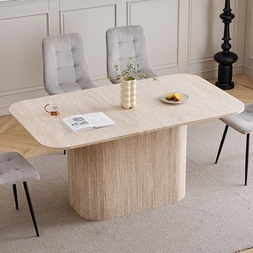 BenyLed Mesa Comedor Rectangular para 4-6 Personas - 160 x 90 x 75 cm - Tablero de MDF con Acabado en Travertino - Mesa de Cocina con Base Ovalada Elegante, Amarillo Claro