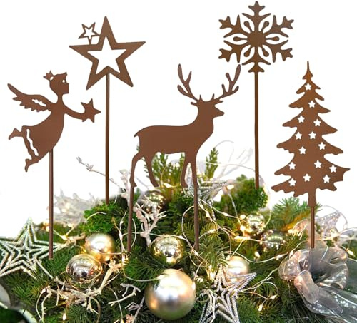 5 Stück Gartenstecker Weihnachten, Rost Deko Weihnachten enthalten Hirsch Deko, Weihnachtskerzen, Wetterfest Tolle Gartendeko aus Rost-Metall für Garten, Balkon, Terrasse, Gartendeko für draußen