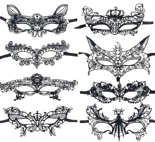 JYNVO 8 Stück Venezianische Masken, Schwarz Sexy Damen Spitze Augenmaske, Maskerade Spitzenmaske für Halloween Maskenball Kostüm Karneval Abschlussball Party Kostüm Ball Masken