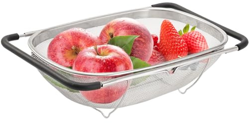 Waschbecken Sieb aus Edelstahl, Sieb für Spüle Abtropfsieb Ausziehbar Rostfreier Stahl Spülbecken Sieb mit Feinsiebkorb und Gummigriff Siebs für Spüle zum Abseihen Abtropfen Waschen von Obst Gemüse