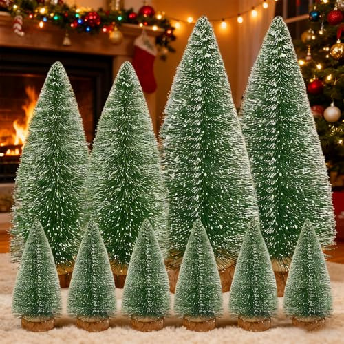 10 Mini Alberi di Natale Artificiali con Effetto Neve e Base in Legno, 10-20 cm – Decorazione per Tavolo, Finestra e DIY