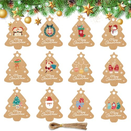 CUVZORA 50 Stück Weihnachtsgeschenkanhänger, Weihnachten Anhänger Kraftpapier Geschenk Geschenkanhänger Mit 50 Stück Bindfaden, für DIY Geschenkverpackungen, dekorative Geschenke(C)