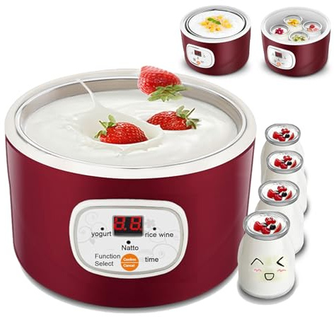 TIANTOO Yogurtera Totalmente Automática, 2 Tipos De Fermentación: Revestimiento De Acero Inoxidable + 4 Vasos De 100 Ml, Control Inteligente, Tiempo Ajustable, para Yogur/natto Casero.,A