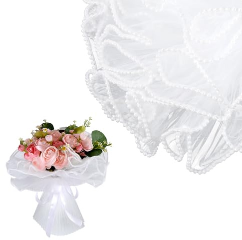 LIQWEI 4 m di carta per bouquet, mazzi di fiori, confezione di perle, fiore, in rete, ondulato, carta crespa bianca, con bordo perline, per matrimonio, San Valentino, compleanno, fiorista