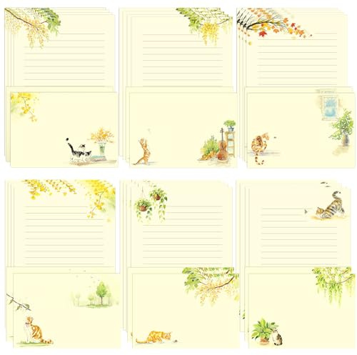 36PCS Cat Themed Lined Stationary Sets with Envelops,24 Premium Letter Writing Paper+12 Matching Envelopes for Pen Pals,Cat Lovers,Notes,Party Invitations(6 Unique Kitty Designs,Fresh Look Style)