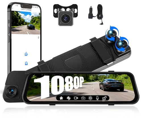 CAMECHO 9.66-Inch 1080P 3 Channel Dash Cam with Rearview Mirror Design, Night Vision Dashcam Front and Rear Inside with WiFi, G-Sensor, Loop Recording, Parking Assistance, Reverse Parking Guidelines