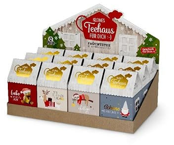 Mini Teehaus Weihnachts-Geschenkset- 12er Display mit 8x 3,5g Früchtetee Sauerkirsche - Sortierte Motive - Ideal als Wichtelgeschenk und Adventskalender-Füller (Display - Rot)