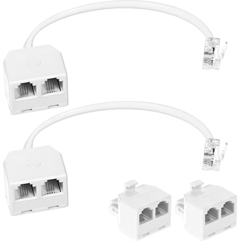 4 Pack Phone Line Splitter, RJ11 6P4C 1 Male to 2 Female Two Way Wall Jack Adapter, 2 Pcs with Pigtail Cable and 2Pcs Wireless for Office Home Landline Telephone, Fax Machine, Modem (White)