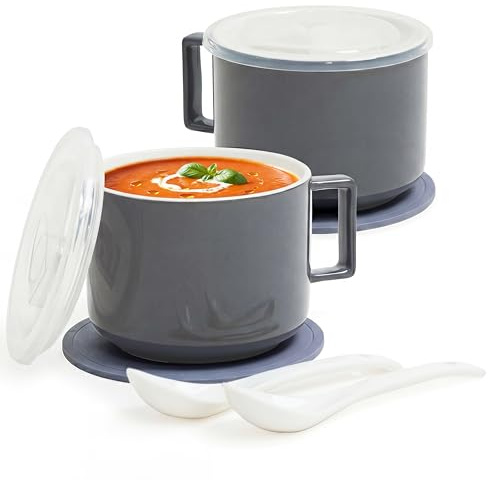 Presva Ceramic Soup Bowls with Handles & Lids, 30oz Soup Mug Set, Microwave & Dishwasher Safe Ramen Bowls for Soup, Cereal & Oatmeal, with Spoon & Trivet, Set of 2, Gray