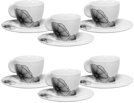 simpa Porcelain Tea Cup 150ml & Saucer Set of 6 Featuring Monochrome Papaver Bloom Detailing - Dishwasher & Microwave Safe.