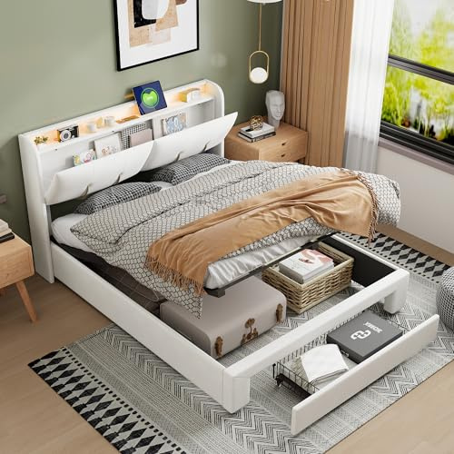 BRYXR Bett 140x200, Polsterbett mit LED-Licht und USB-Buchse, Hydraulisch Stauraumbett mit Schubladen, Doppelbett mit Stauraum Kopfteil, Jugendbett, Bettgestell Bett mit Lattenrost, Beige Samt