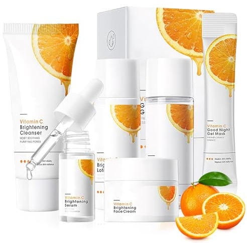 5 Teiliges Vitamin C Gesicht Set, Gesichtspflege set Bestehend Aus Reinigungsmilch, Gesichtswasser, Serum, Creme und Feuchtigkeitscreme,EnthäLt 20 Blattmasken, Geeignet für die Tages und Nachtpflege