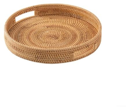 Plateau de service rond en rotin tissé pour cuisine, pique-nique et table basse, panier de rangement pour fruits, pain et décoration d'intérieur (25 cm)