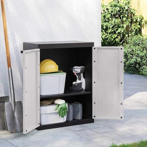 XHNIFBN Gartenschrank PP 65x37x85 cm Grau Schwarz Aufbewahrungsschrank mit Einlegeboden platzsparend und Robustes Material für kleine Balkone Terrassen und Garten