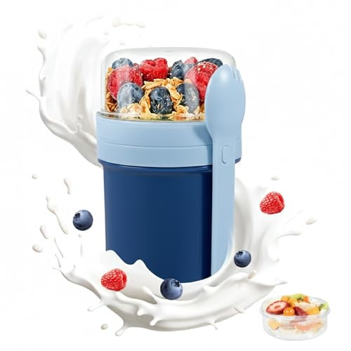 Carehabi Muesli Cup da Asporto, 450 ml + 250 ml, Porta Yogurt, Coppetta per Cereali da Asporto a Tenuta Stagna con Cucchiaio e Contenitore per Salse, Contenitore per Colazione Senza BPA, Blu